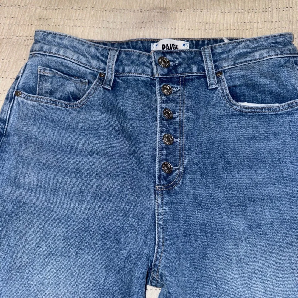 PAIGE‎ Sarah Slim High Rise Button Fly Raw Hem Jeans Blue Size 28